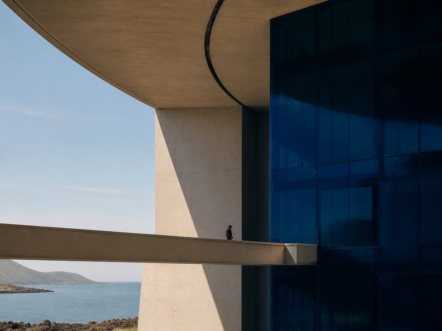 A figure crossing an elevated walkway where pale concrete meets cobalt glass