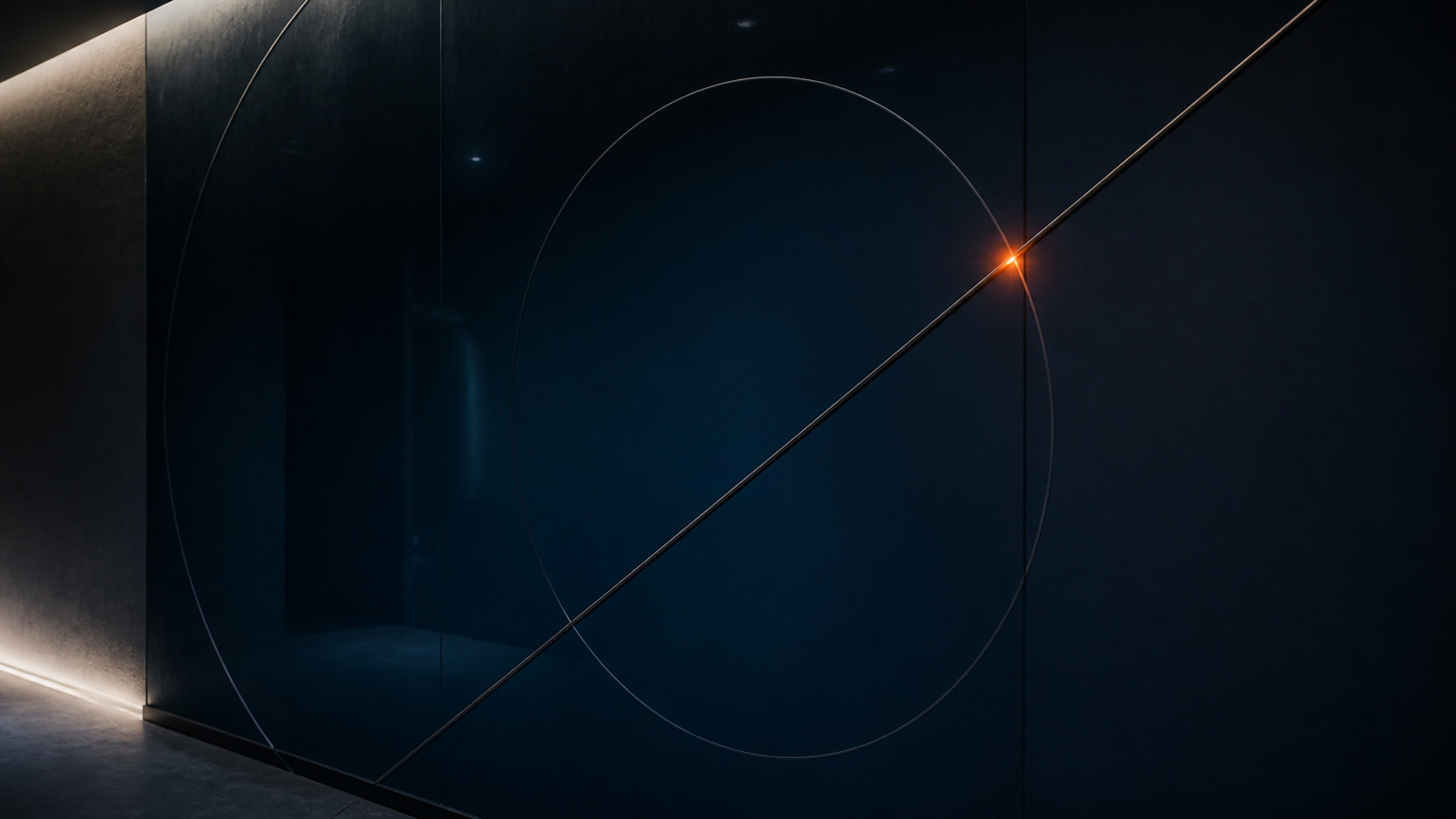 A dark architectural decision field converging on a point of light