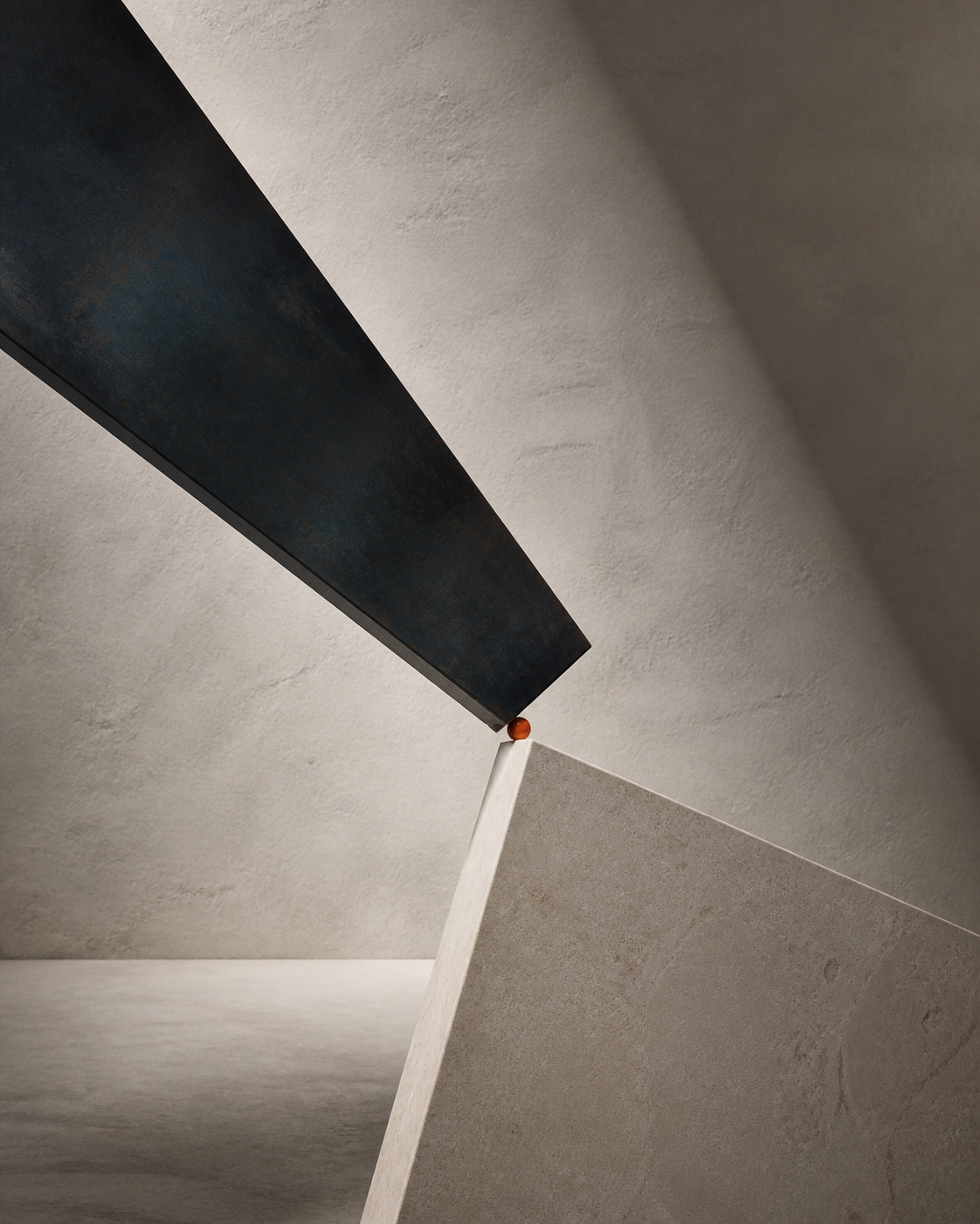 Two architectural planes balanced at a precise orange fulcrum